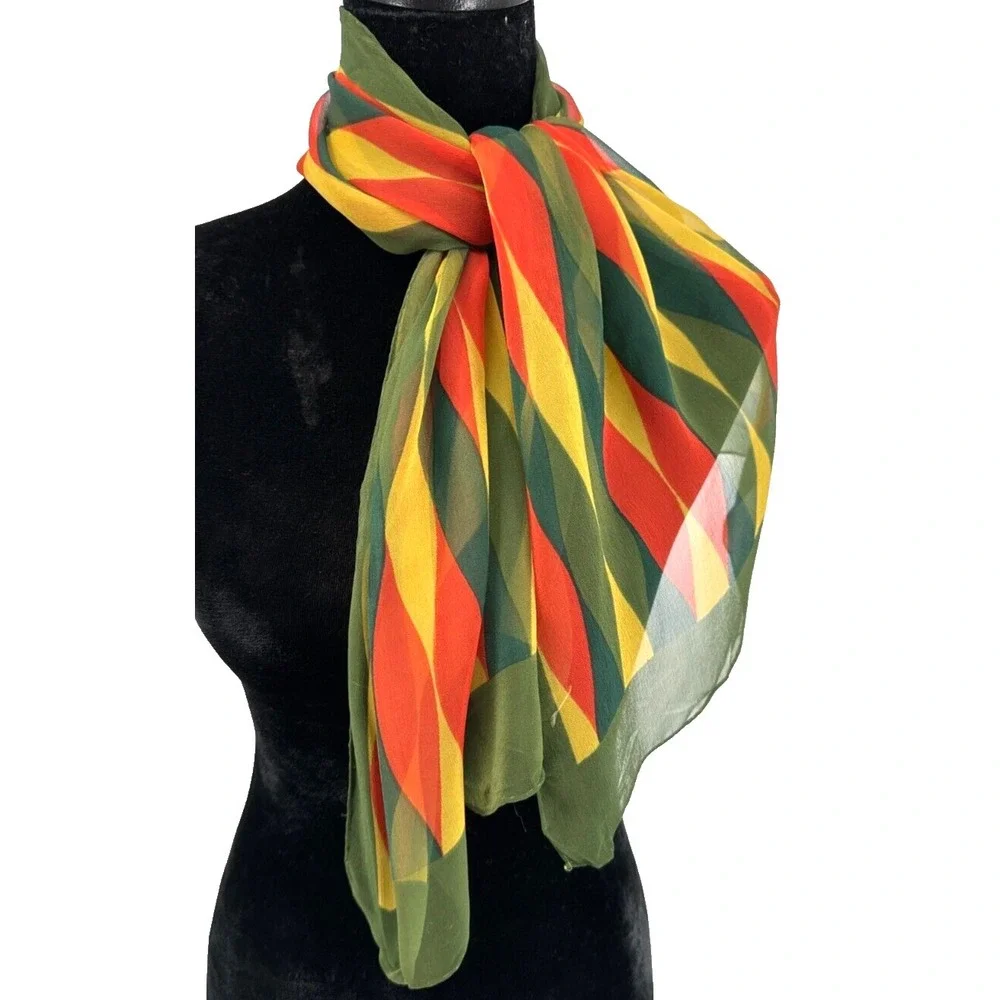 Sally Gee Rectangular Olive Green‎ Retro Geometric Rolled Hem Scarf Japan